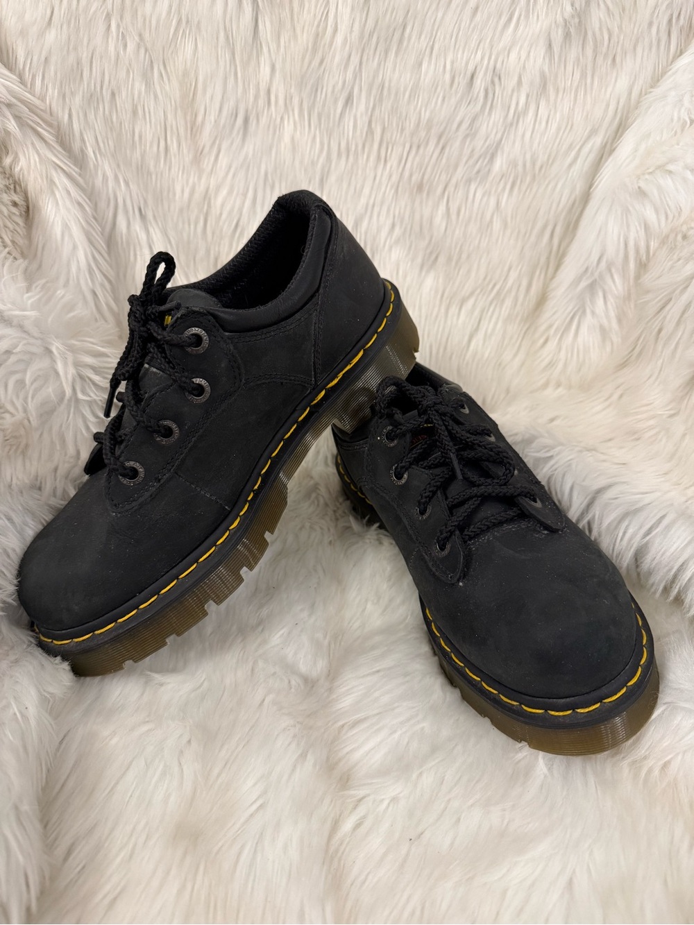 Dr. Martens Industrial Black Lace-Up Platform Shoes Yellow Stitching Chunky